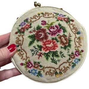 Vintage needlepoint petit point evening bag cream multicolor floral purse round